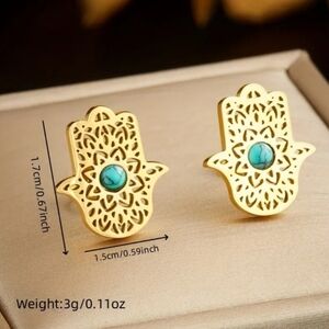Elegant Gold Hamsa Earrings with Turquoise Accent